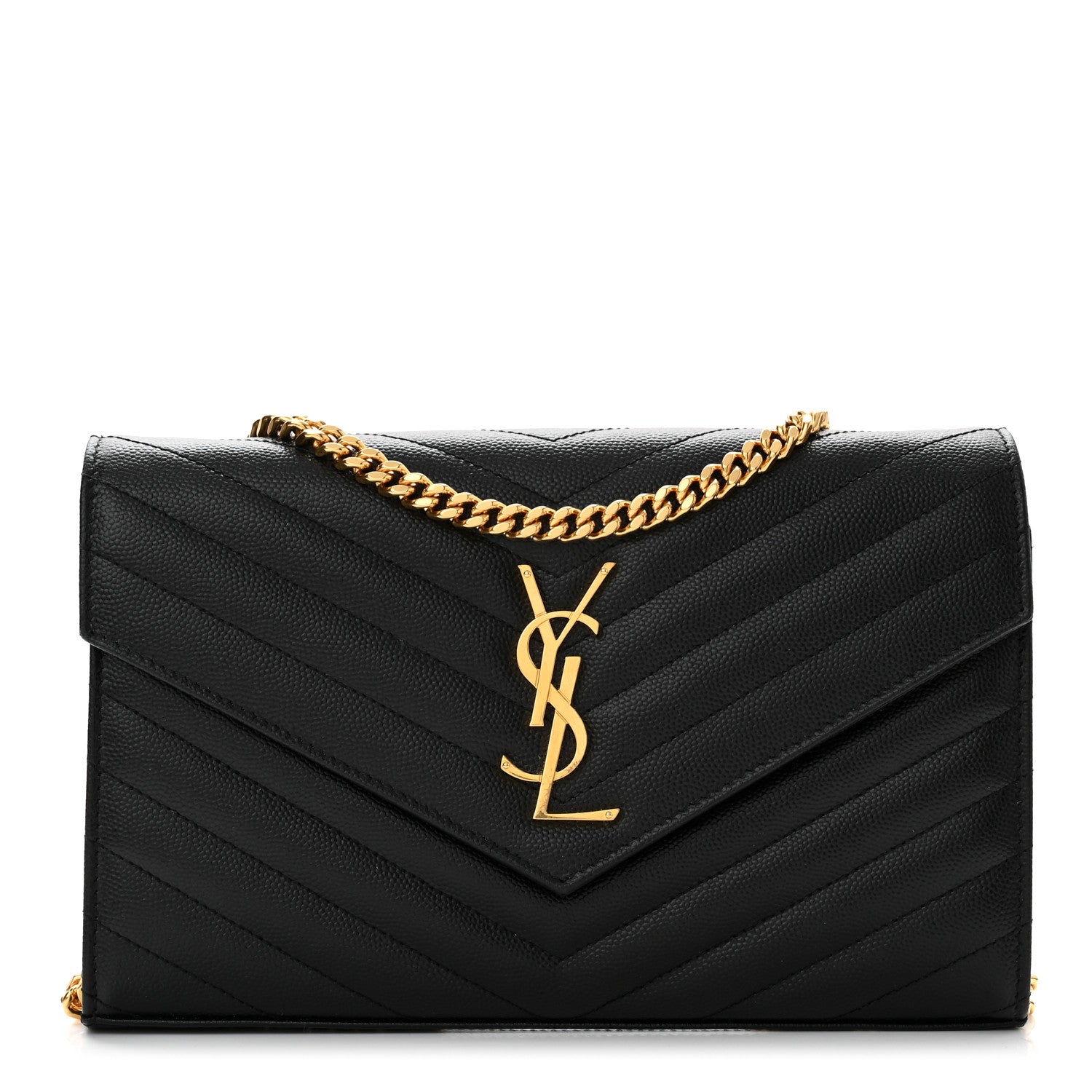 Saint Laurent Grain De Poudre Matelasse Chevron Monogram Chain Wallet Black 1 of 10