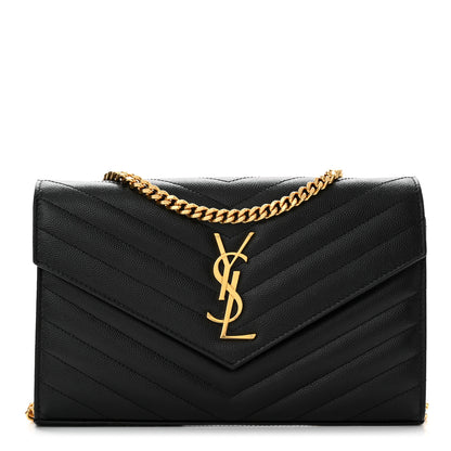Saint Laurent Grain De Poudre Matelasse Chevron Monogram Chain Wallet Black 1 of 10