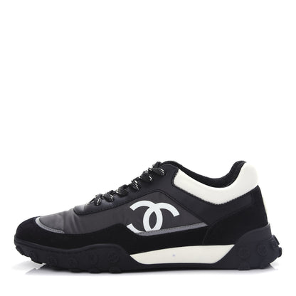 Chanel Nylon Calfskin Suede CC Sneakers 36.5 Grey Black White 1 of 10