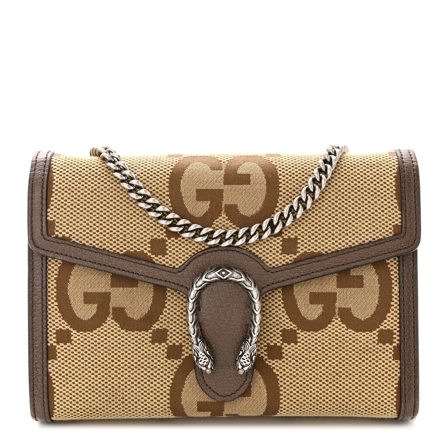 Monogram Jumbo GG Textured Dollar Calfskin Mini Dionysus Chain Wallet Camel Ebony New Acero