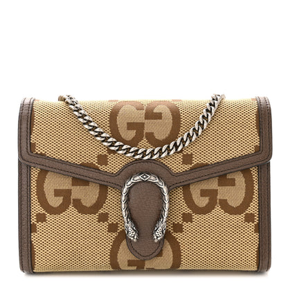 Gucci Monogram Jumbo GG Textured Dollar Calfskin Mini Dionysus Chain Wallet Camel Ebony New Acero 1 of 13