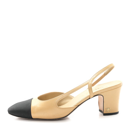 Chanel Goatskin Grosgrain Cap Toe CC Slingback Pumps 38.5 Beige Black 1 of 9