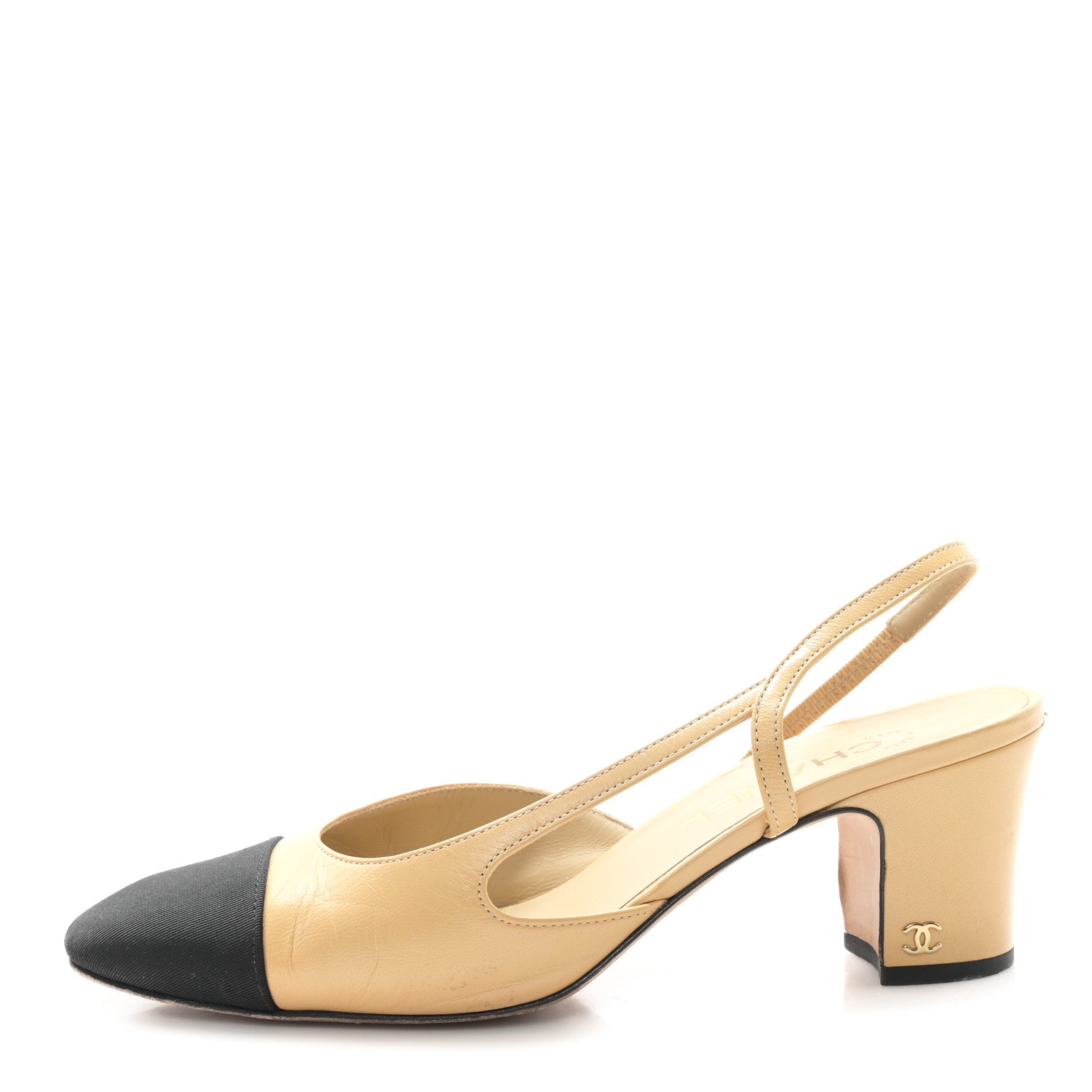 Chanel Goatskin Grosgrain Cap Toe CC Slingback Pumps 38.5 Beige Black 1 of 9