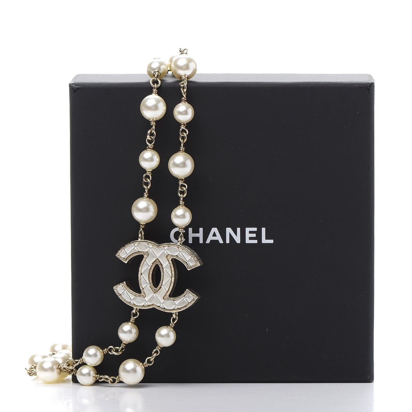 Metal Quilted Pearl CC Long Necklace Light Gold