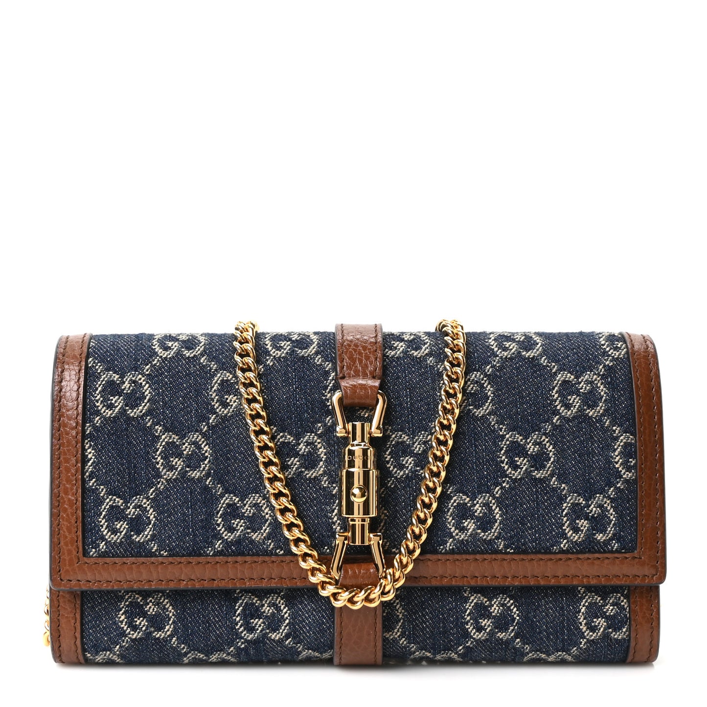 New Denim GG Monogram Jackie 1961 Chain Wallet Blue Tea Cuir