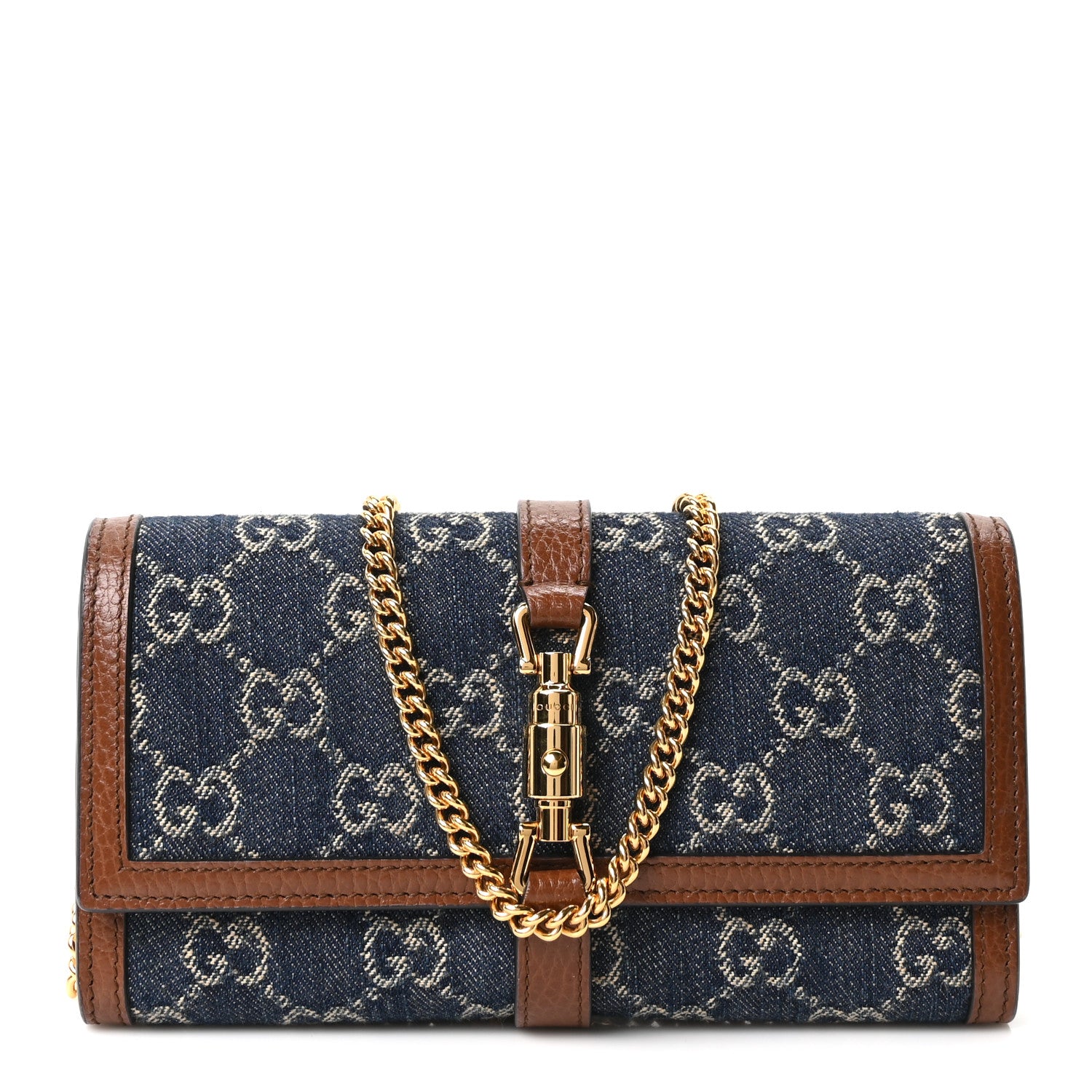 Gucci New Denim GG Monogram Jackie 1961 Chain Wallet Blue Tea Cuir 1 of 8