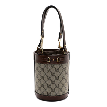 Gucci GG Supreme Monogram Azalea Sakai Calfskin Small Horsebit 1955 Drawstring Bucket Bag Beige Ebony Brown Sugar 1 of 10