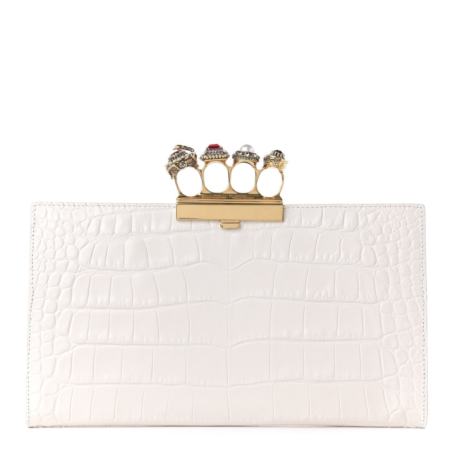 Calfskin Crocodile Embossed Knuckle Flat Clutch Off White Gold