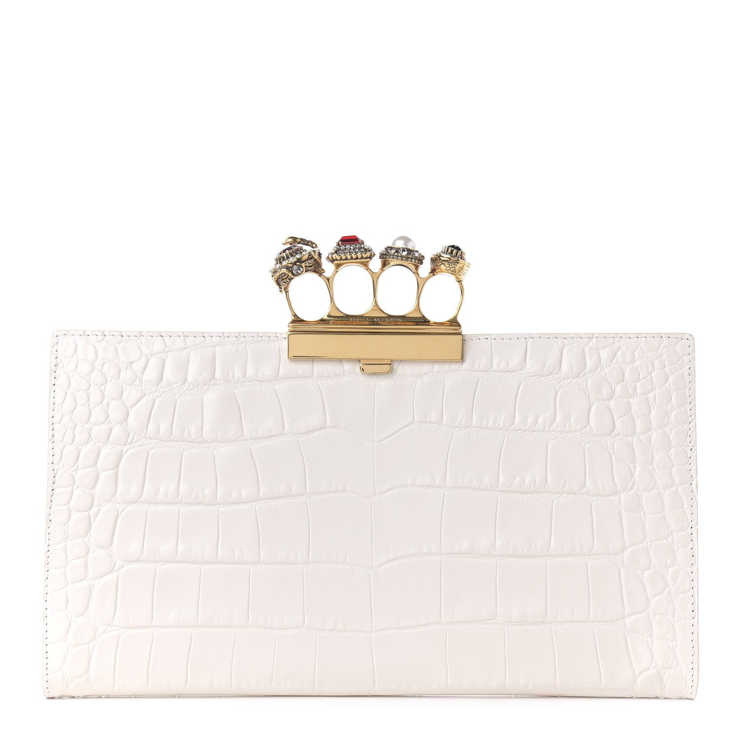 Alexander McQueen Calfskin Crocodile Embossed Knuckle Flat Clutch Off White Gold 1 of 10