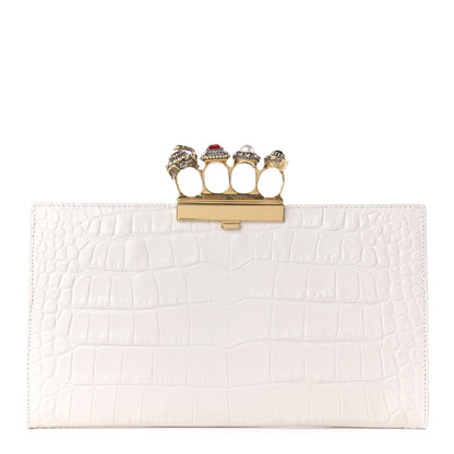 Alexander McQueen Calfskin Crocodile Embossed Knuckle Flat Clutch Off White Gold 1 of 10