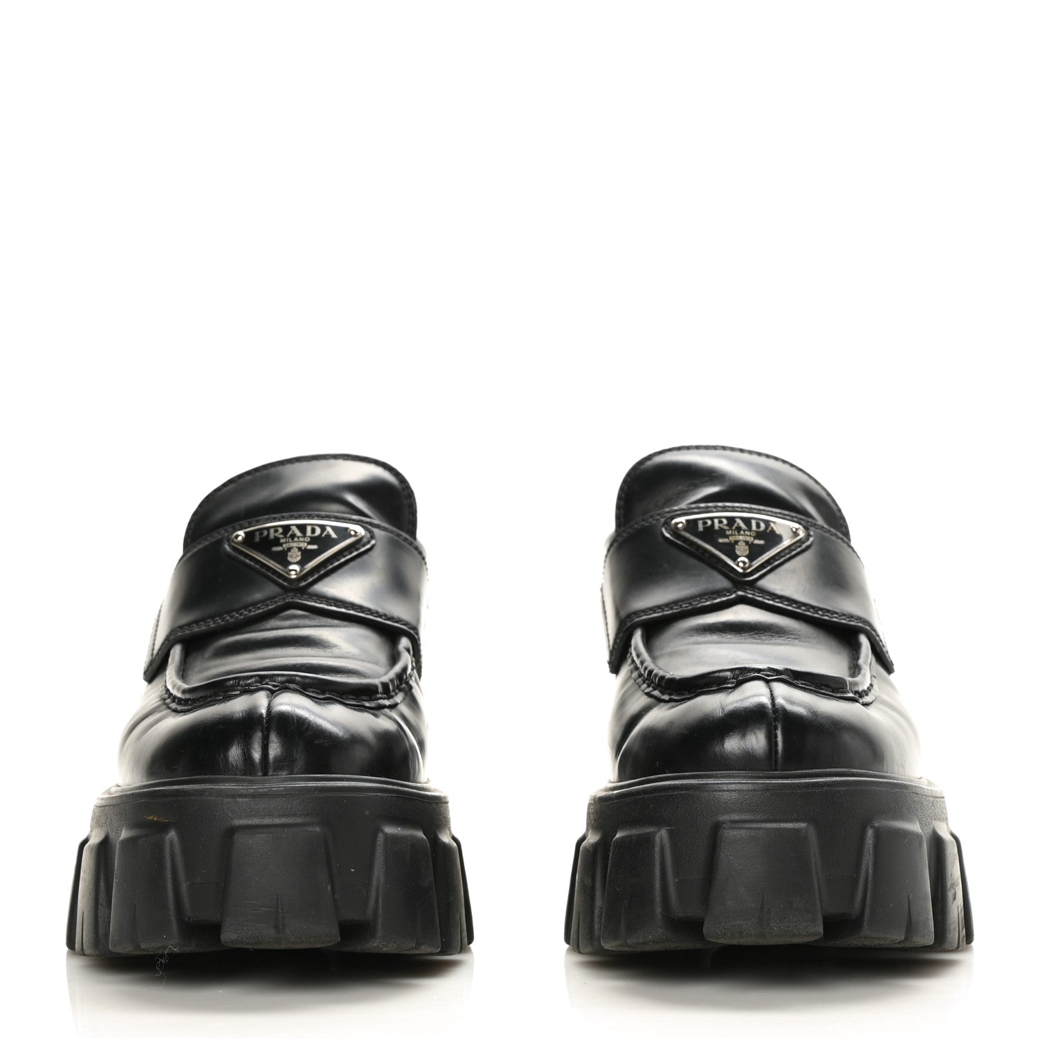 Prada Spazzolato Rois Metal Triangle Logo Monolith 55mm Loafers 35 Black 2 of 9
