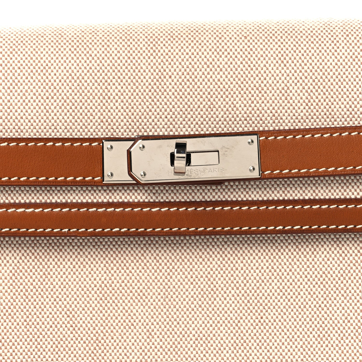 Hermes Toile H Barenia Kelly Depeches 25 Pouch Ecru Beige Fauve