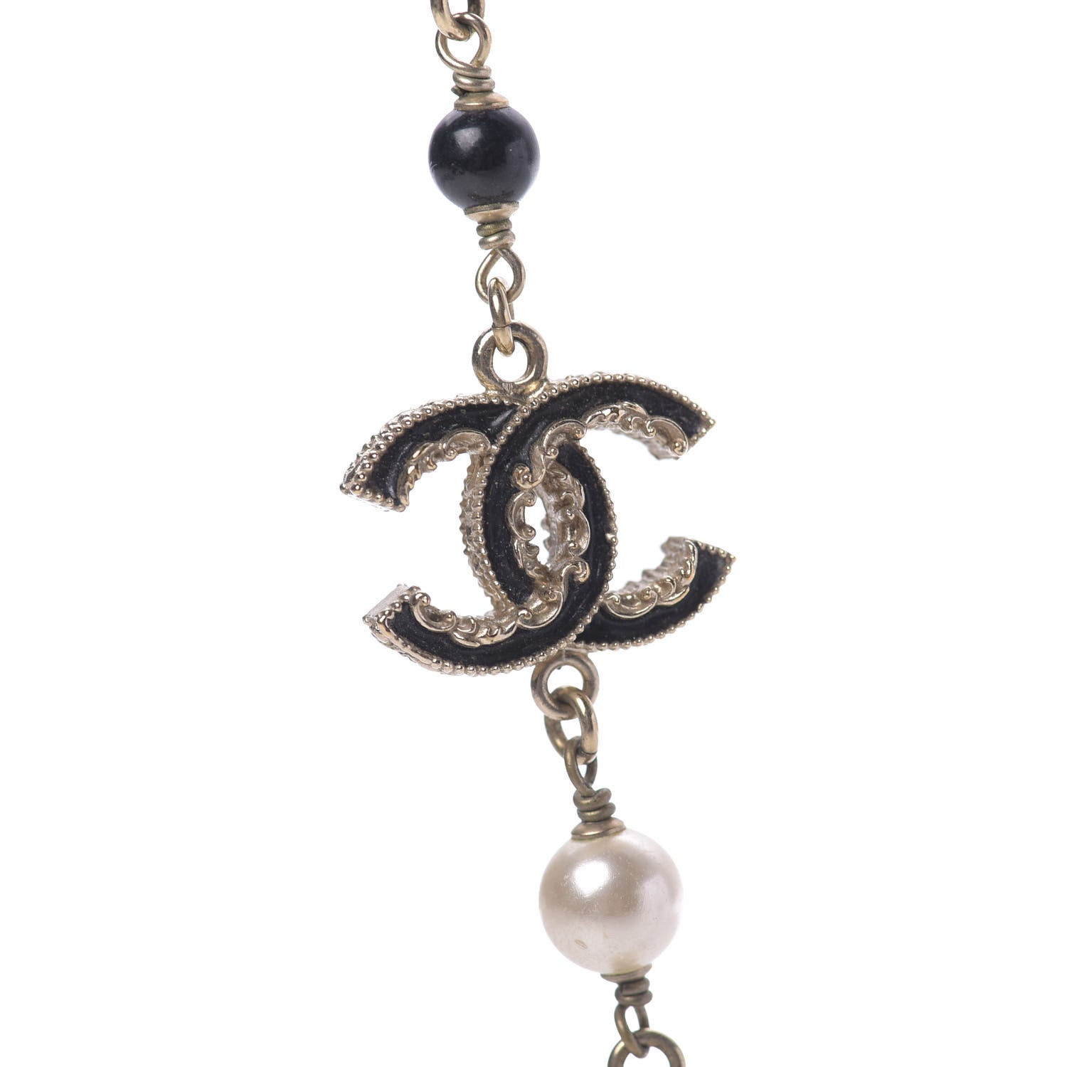 Chanel Pearl Bead Enamel CC Long Necklace Black Gold 5 of 10