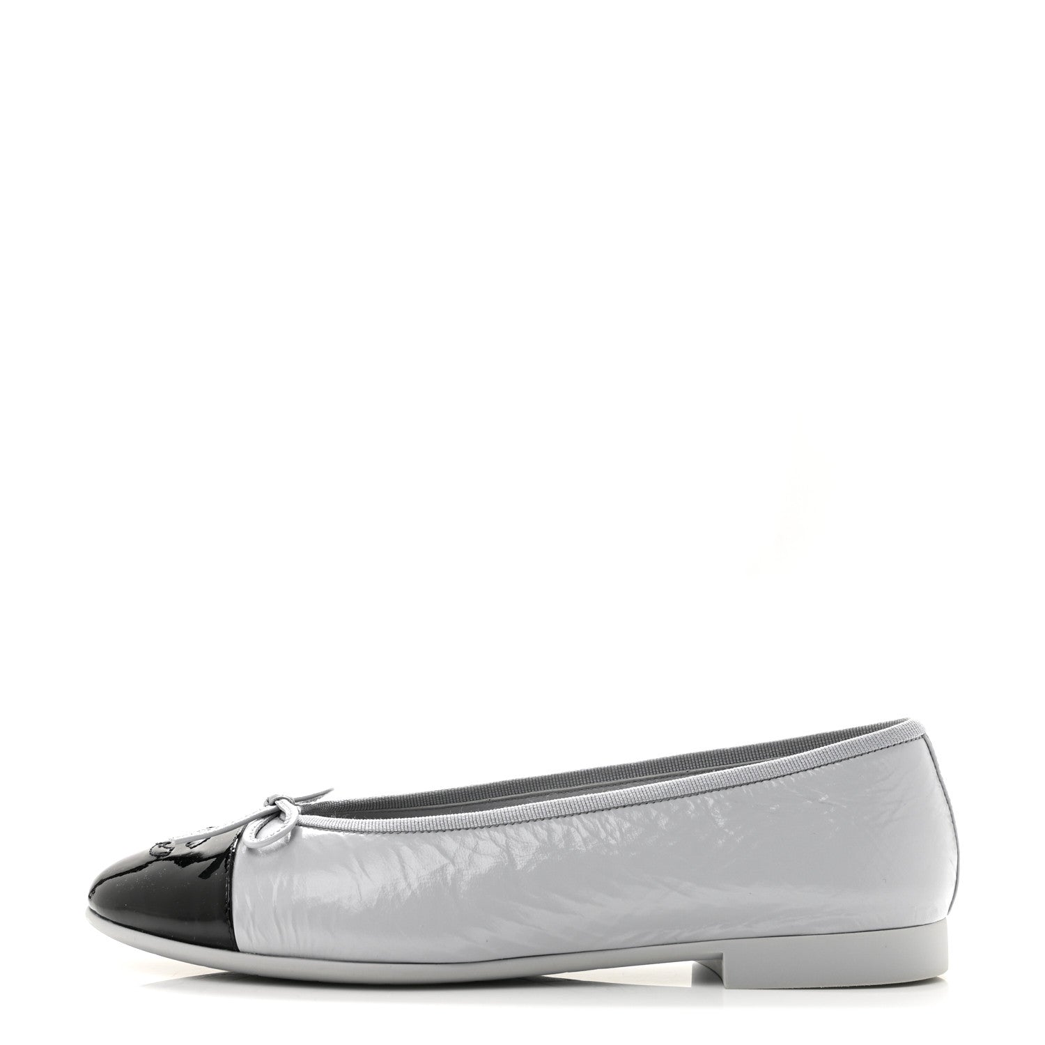 Chanel Shiny Crumpled Calfskin Patent CC Cap Toe Ballerina Flats 39 Grey Black 1 of 10