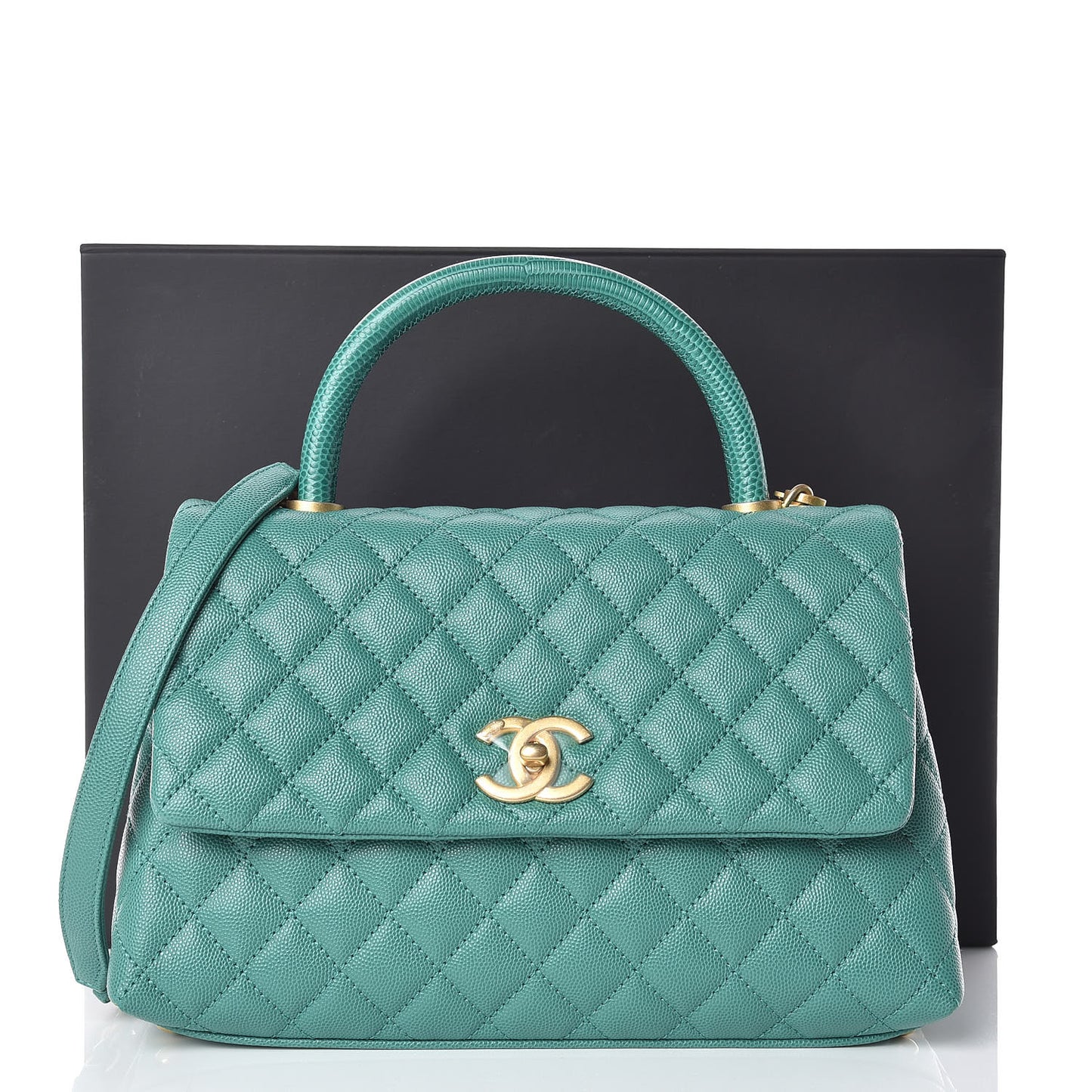 Caviar Lizard Quilted Small Coco Handle Flap Green
