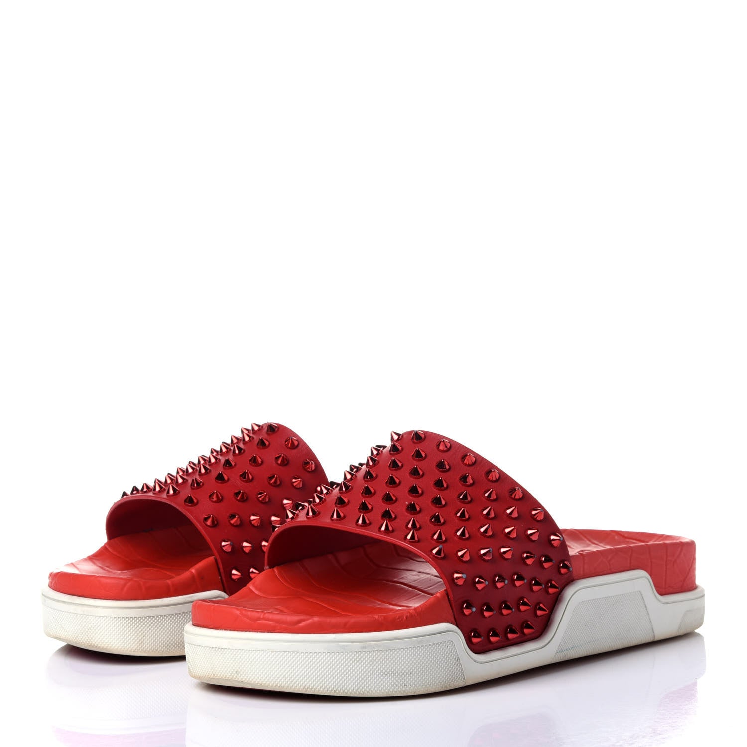 Christian Louboutin LOUBOUTIN Calfskin Spiked Crocodile Embossed Rubber Pool Fun Platform Flat Slide Sandals 42 Red 3 of 14
