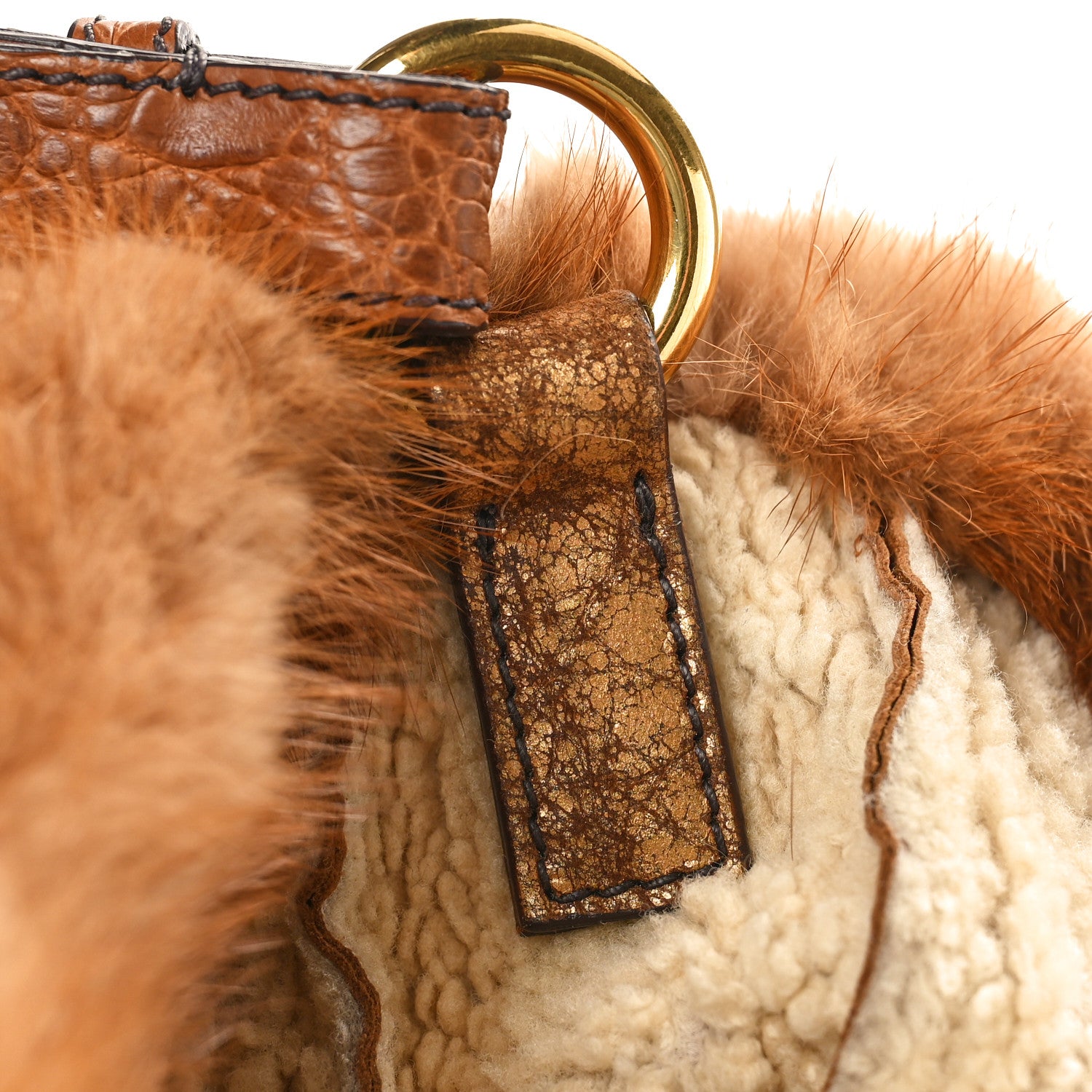 Prada Metallic Suede Mink Shearling Crocodile Embossed Tote Gold 8 of 10