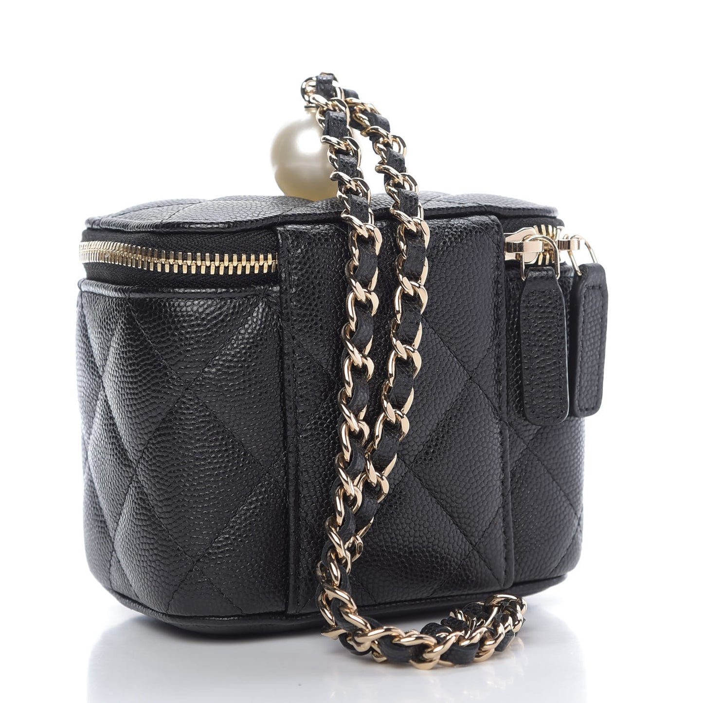 Caviar Quilted Mini Pearl On Top Vanity Case With Chain Black