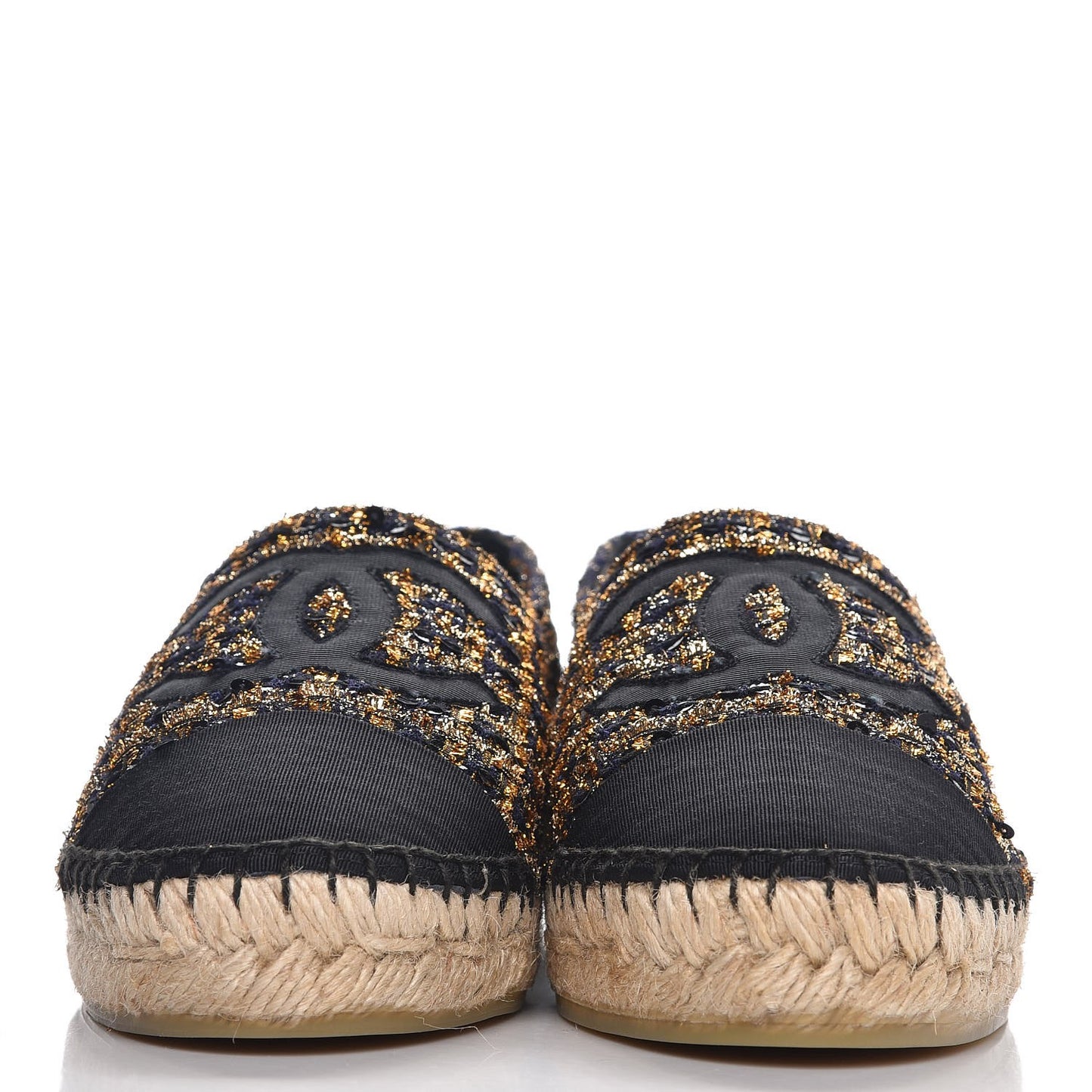 Metallic Tweed Sequin Grosgrain CC Espadrilles 37 Black Gold