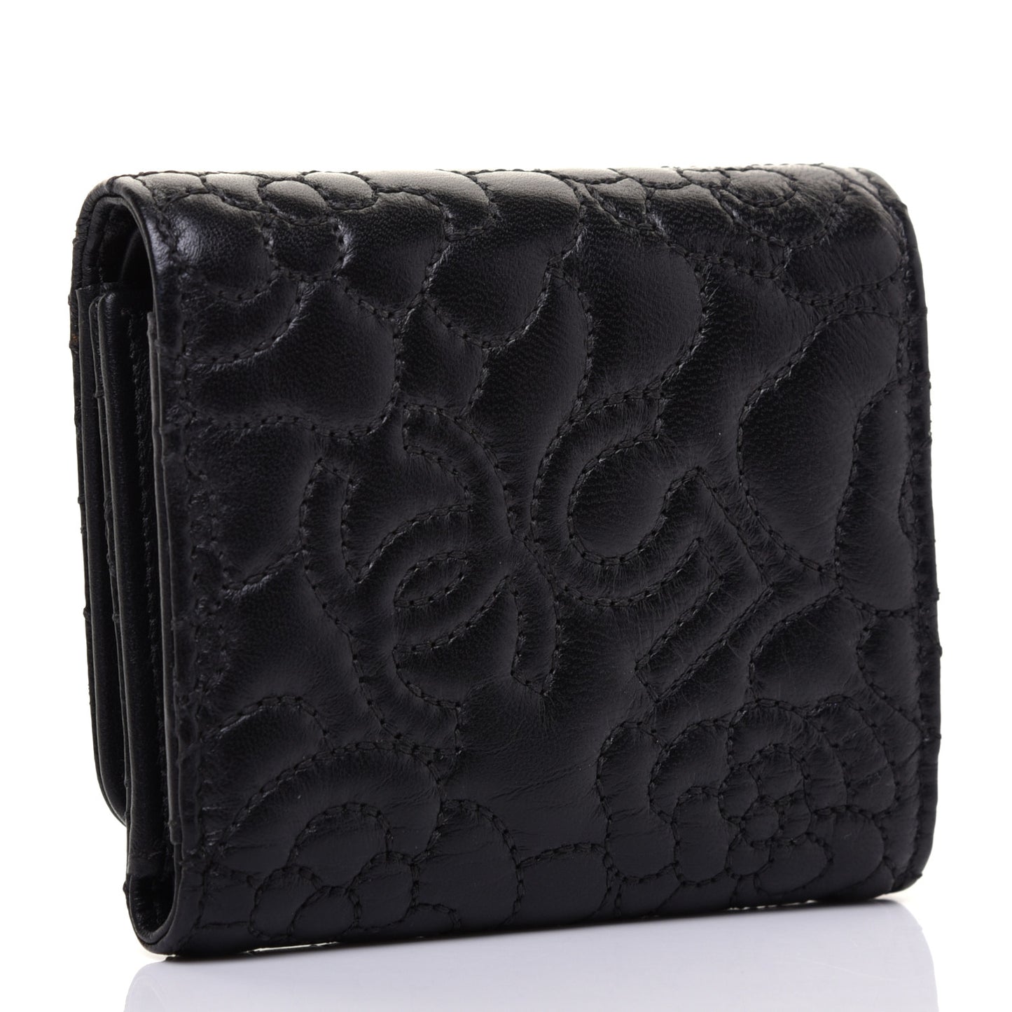 Lambskin Camellia Embossed Small Wallet Black