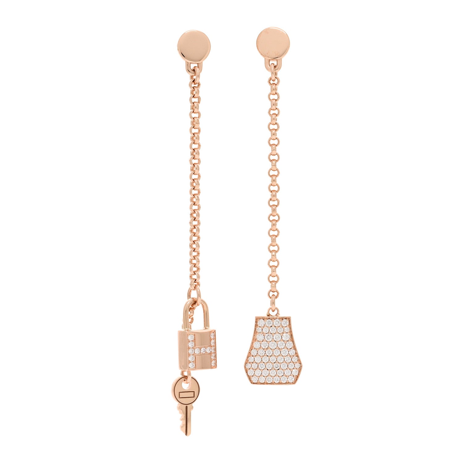 Hermes 18K Rose Gold Diamond Kelly Clochette Drop Earrings 1 of 5