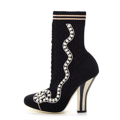 Fendi Stretch Fabric Pearl Embellished Openwork Rockoko 105mm Sock Boots 39.5 Black 1 of 8