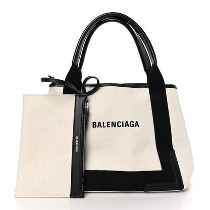 Balenciaga Cotton Canvas Satin Calfskin S Navy Cabas Natural Black 3 of 12