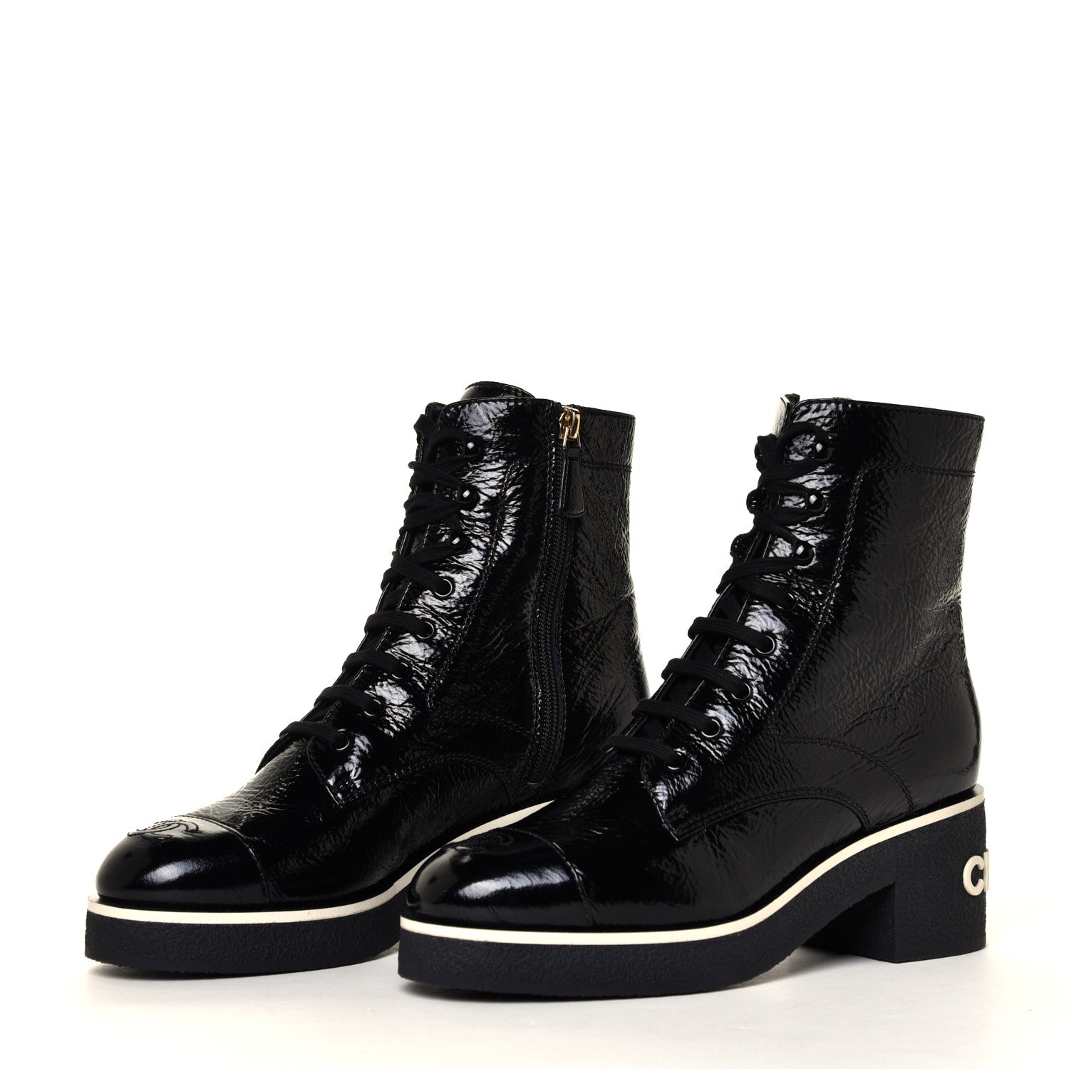 Chanel Shiny Crumpled Lambskin Lace Up Combat Boots 38.5 Black 6 of 12
