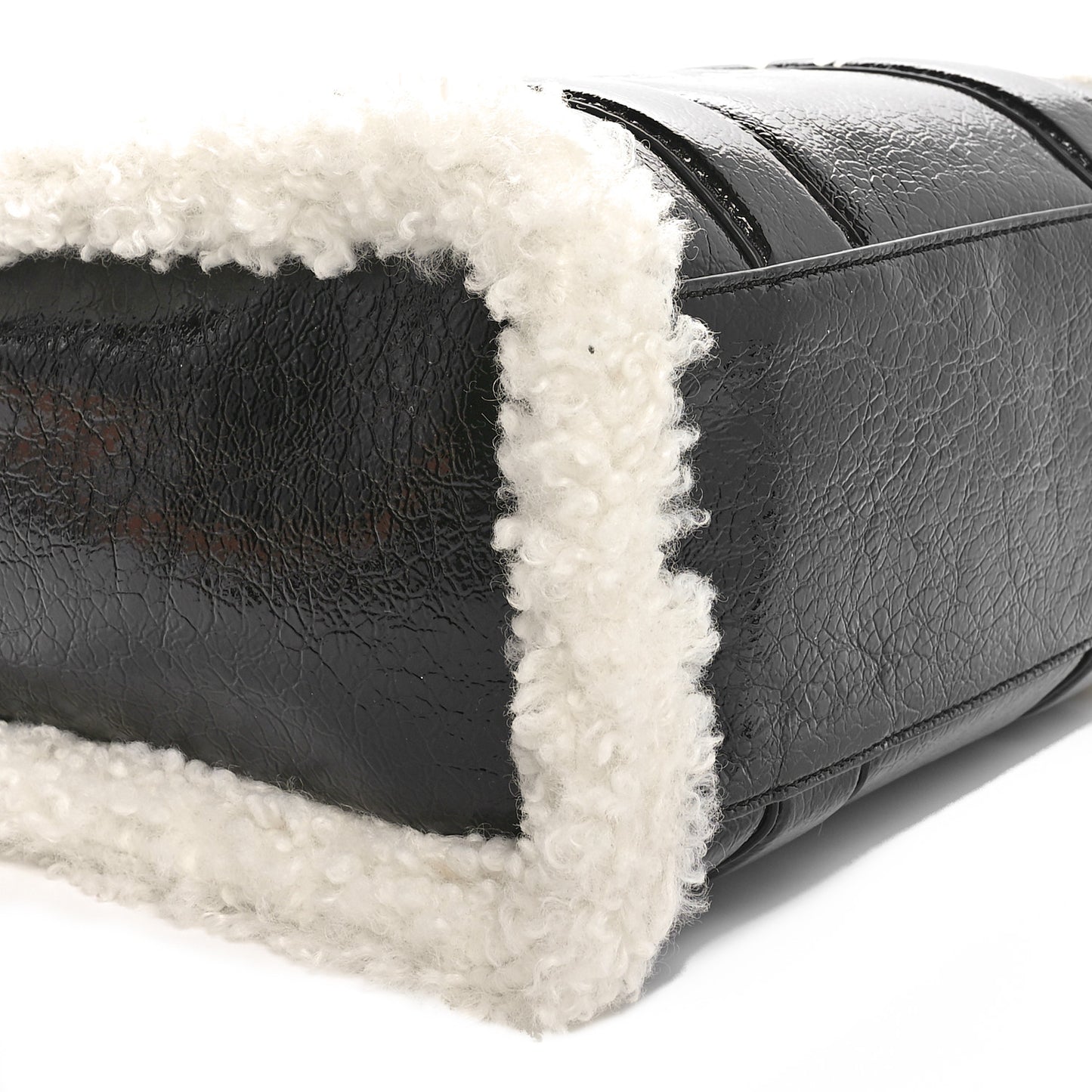 Shiny Calfskin Faux Shearling Mini The Traveler Tote Bag Black