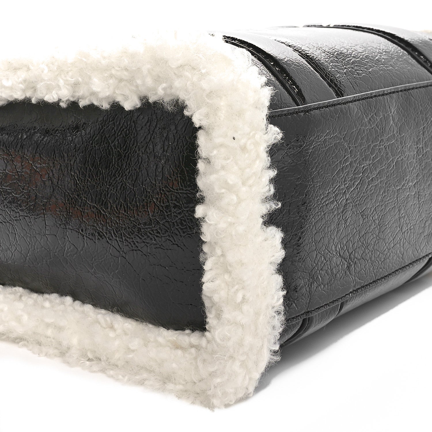 Marc Jacobs Shiny Calfskin Faux Shearling Mini The Traveler Tote Bag Black 8 of 9