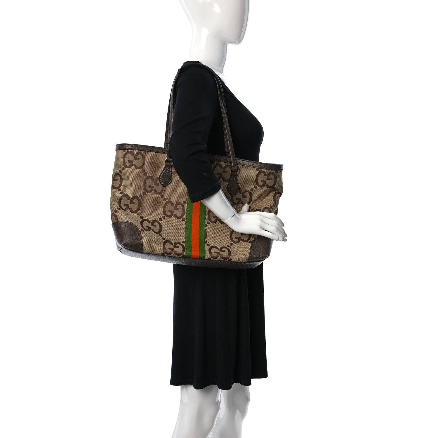 Gucci Monogram Jumbo GG Textured Dollar Calfskin Web Medium Ophidia Shopping Tote Camel Ebony 2 of 9