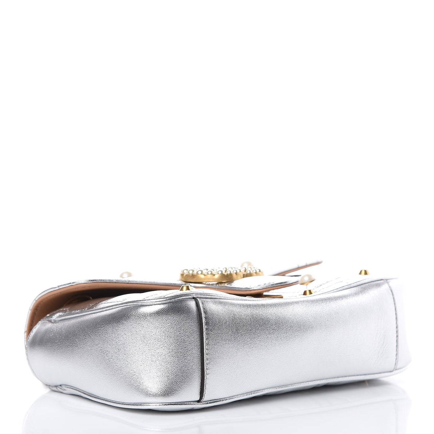 Metallic Calfskin Matelasse Studded Mini Pearly GG Marmont Shoulder Bag Silver