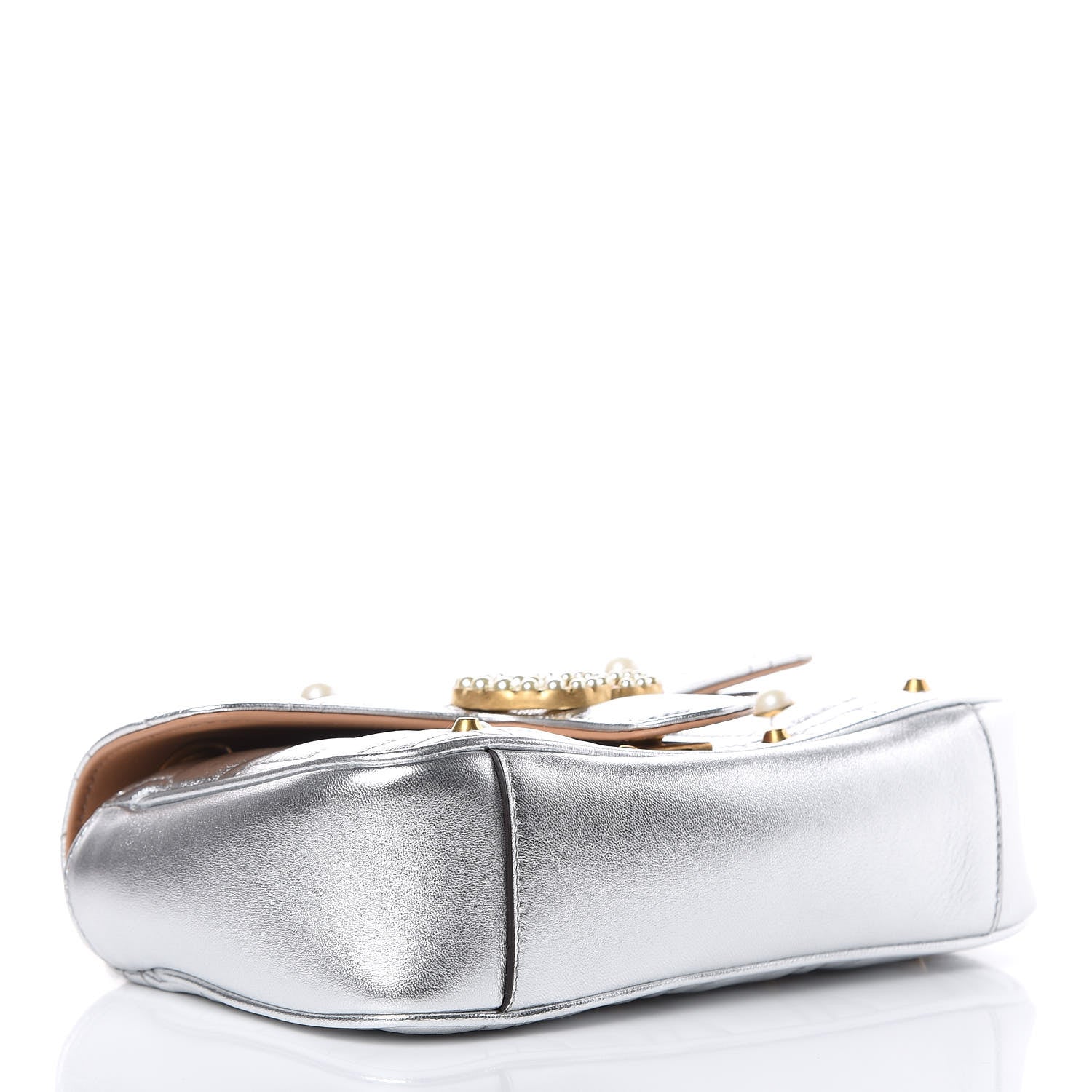 Gucci Metallic Calfskin Matelasse Studded Mini Pearly GG Marmont Shoulder Bag Silver 4 of 10