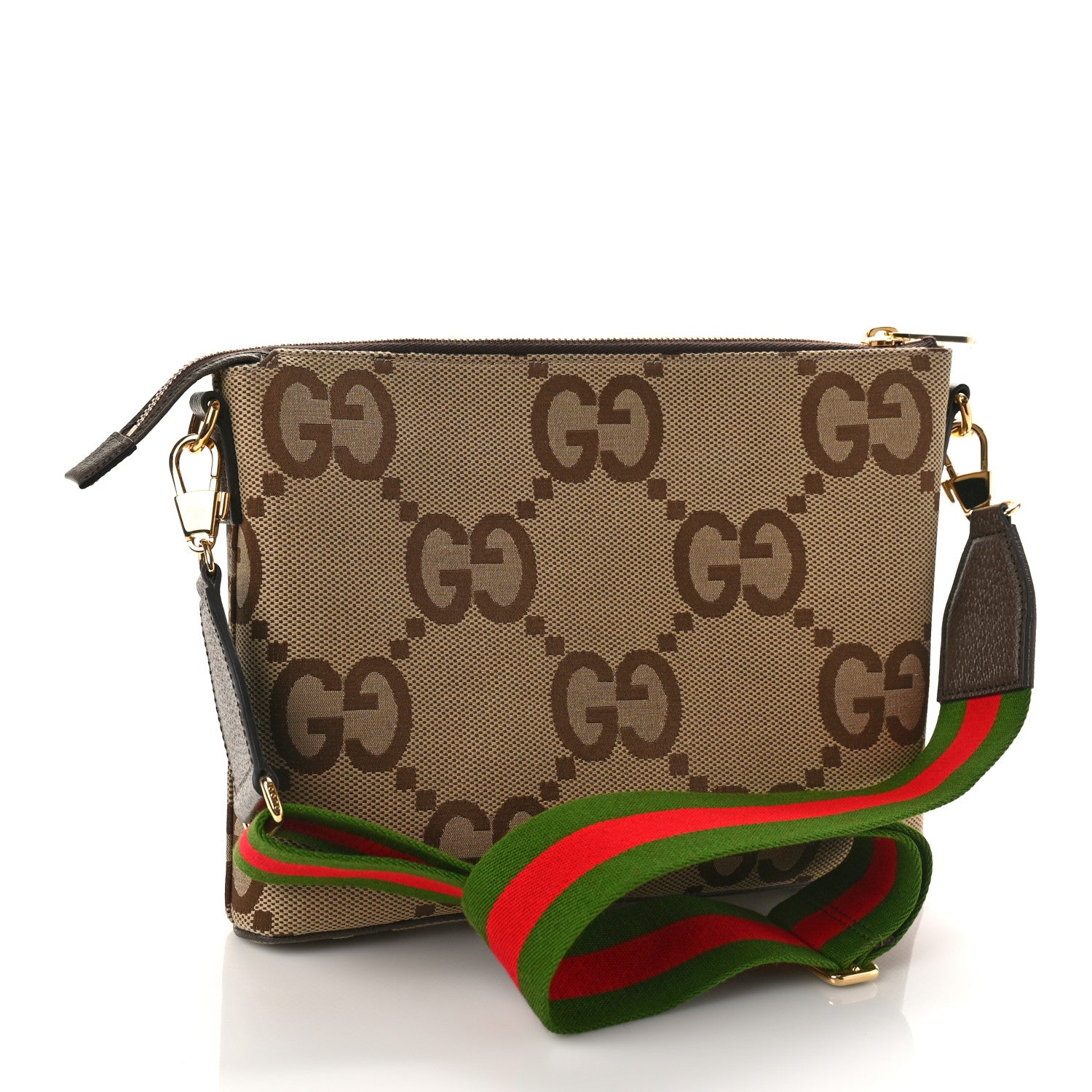 Gucci Monogram Jumbo GG Textured Dollar Calfskin Web Wristlet Messenger Bag Camel Ebony New Acero 2 of 8