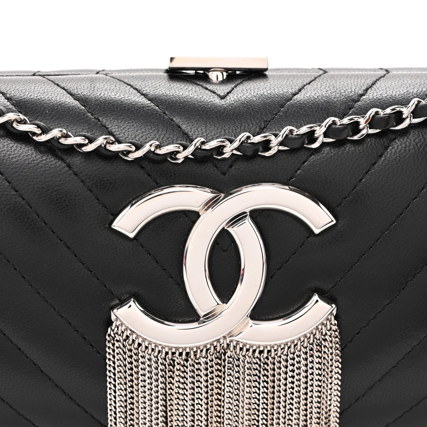 Lambskin Chevron Quilted CC Fringe Clutch Black