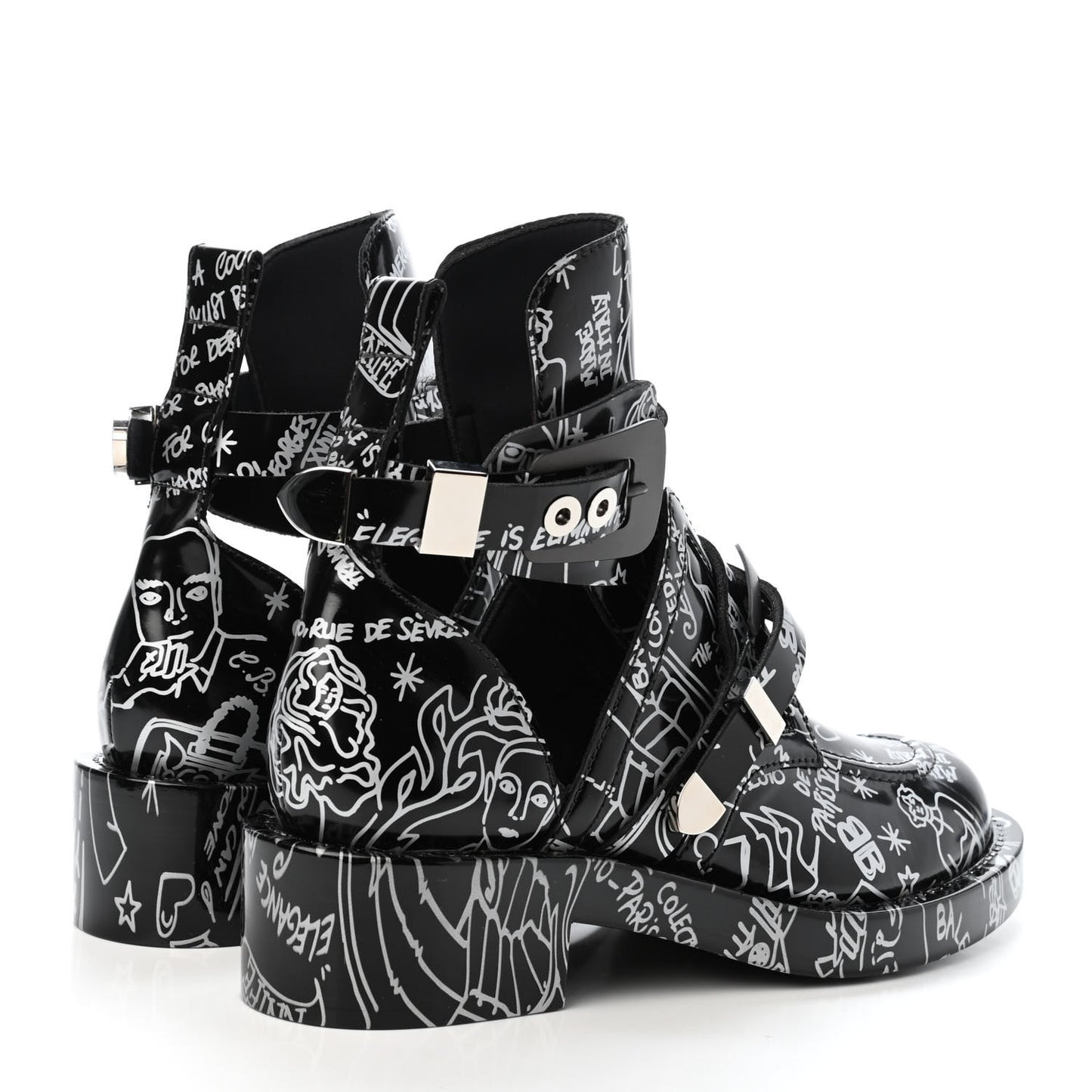 Calfskin Graffiti Buckled Platform Booties 39.5 Black