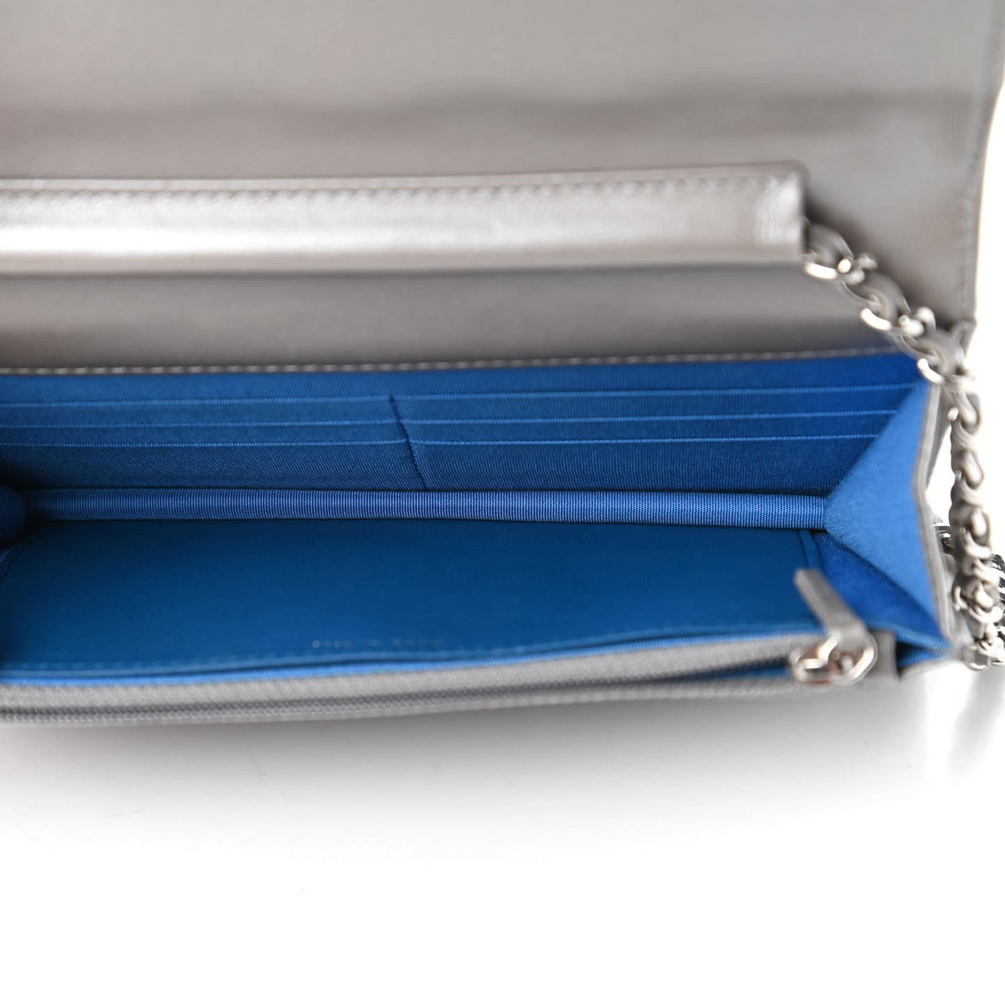 Metallic Lambskin Quilted Data Center Wallet On Chain WOC Silver