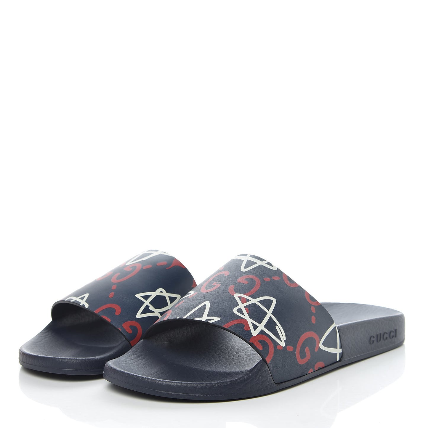 Calfskin GucciGhost Print Womens Slide Sandals 39 Blue Agata Hibiscus Red