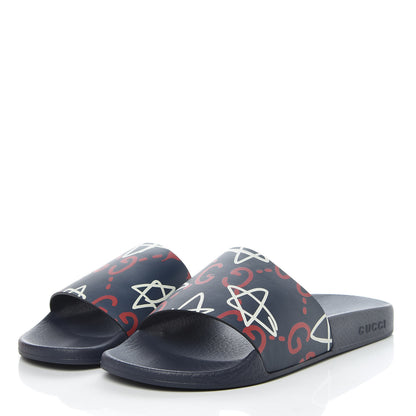 Gucci Calfskin GucciGhost Print Womens Slide Sandals 39 Blue Agata Hibiscus Red 3 of 8