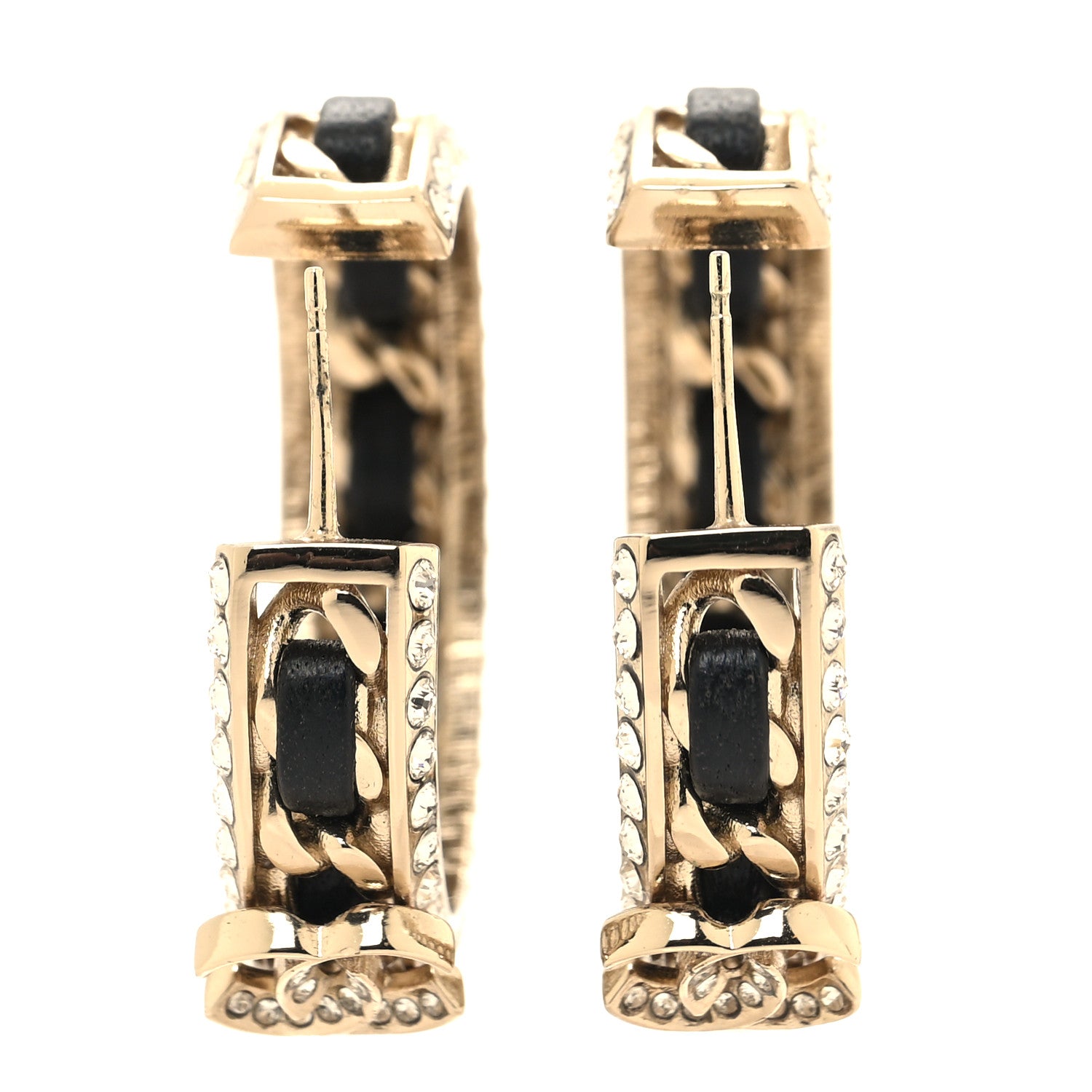Chanel Crystal Lambskin CC Chain Hoop Earrings Gold Black 3 of 5