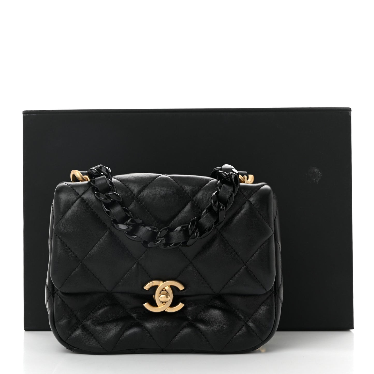 Lambskin Quilted Mini Lacquered Chain Flap Black