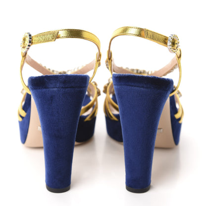 Gucci Velvet Nappa Crystal Zephyra Slingback Platform High Heel Sandals 38.5 Blue Gold 5 of 9