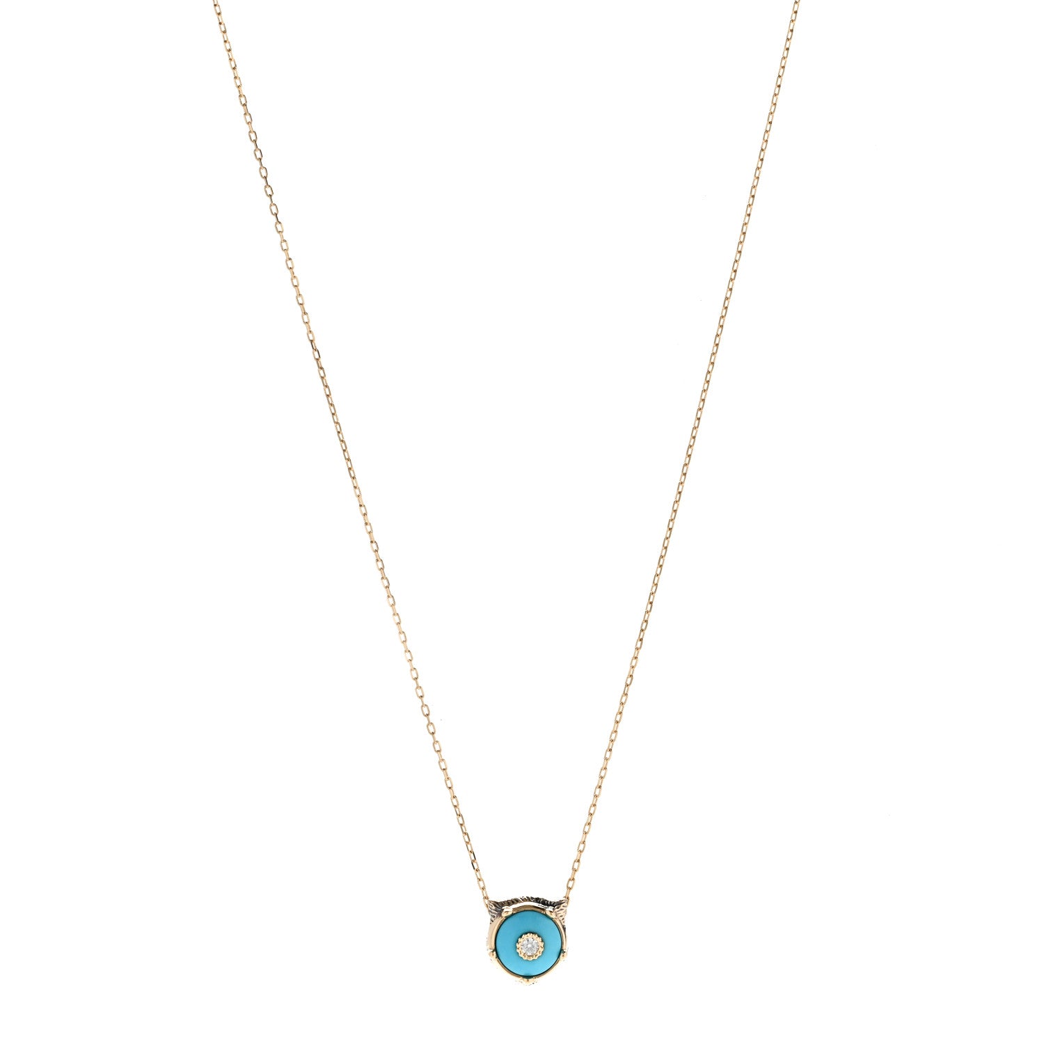 Gucci 18K Yellow Gold Diamond Turquoise Le Marche Des Merveilles Feline Pendant Necklace 1 of 6