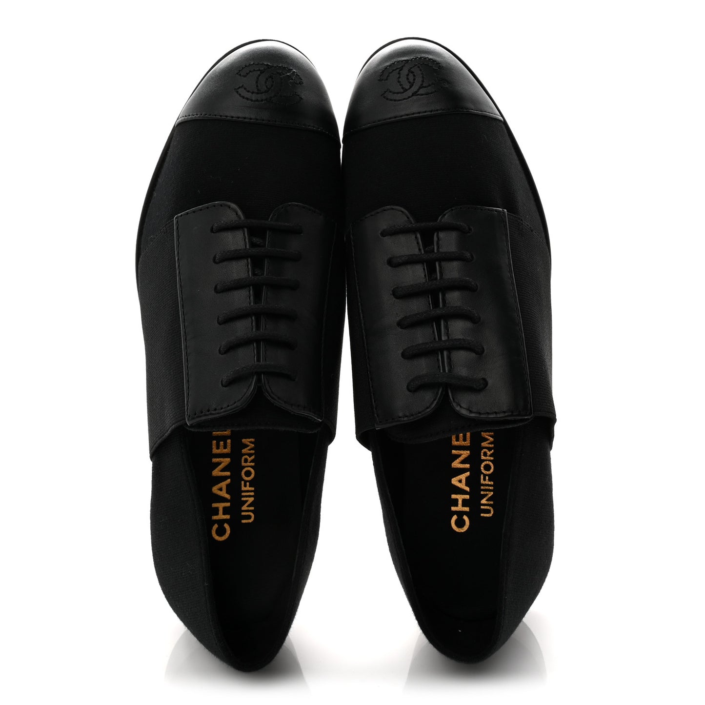 Calfskin Elastic Lace Up Cap Toe CC Loafers 35.5 Black