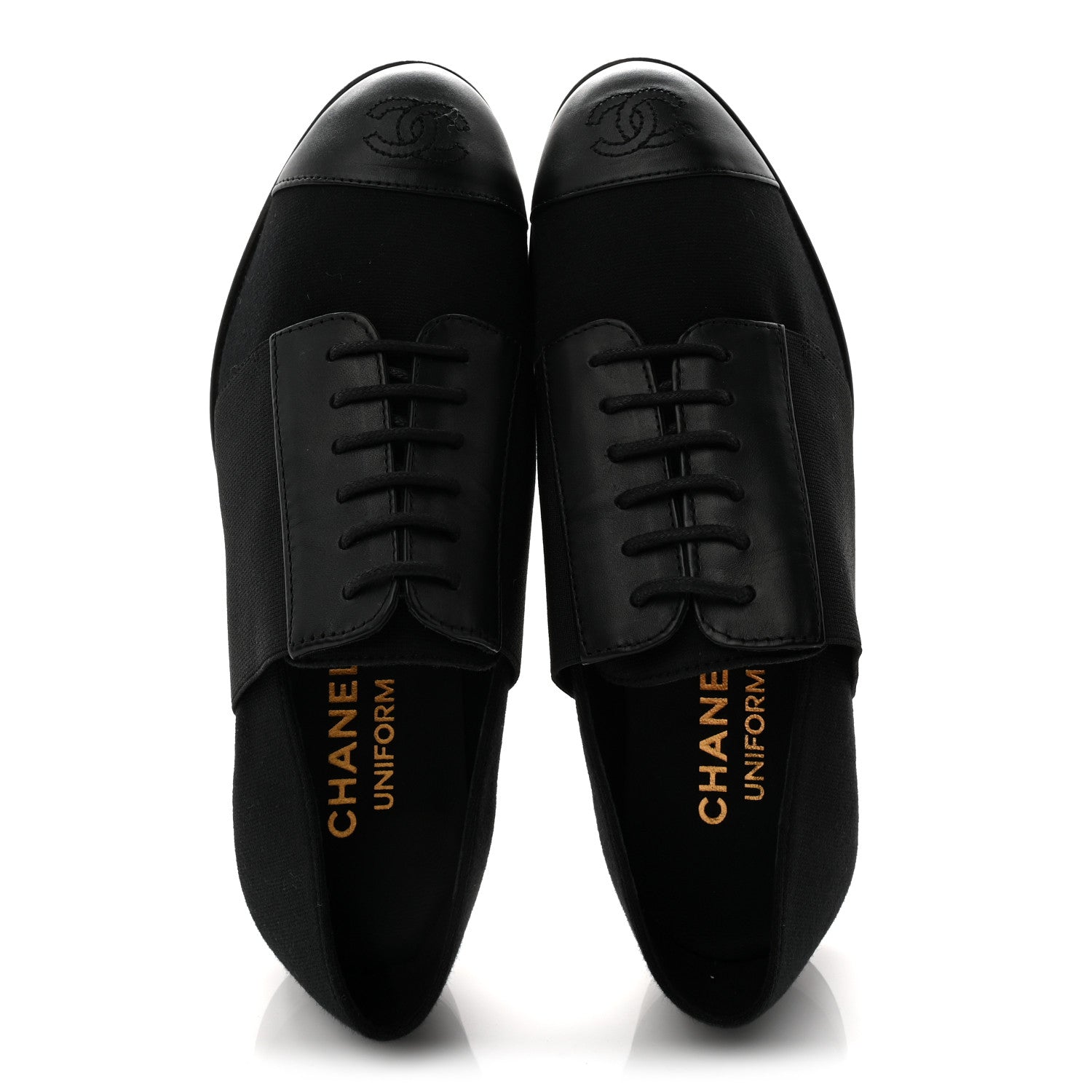 Chanel Calfskin Elastic Lace Up Cap Toe CC Loafers 35.5 Black 5 of 9