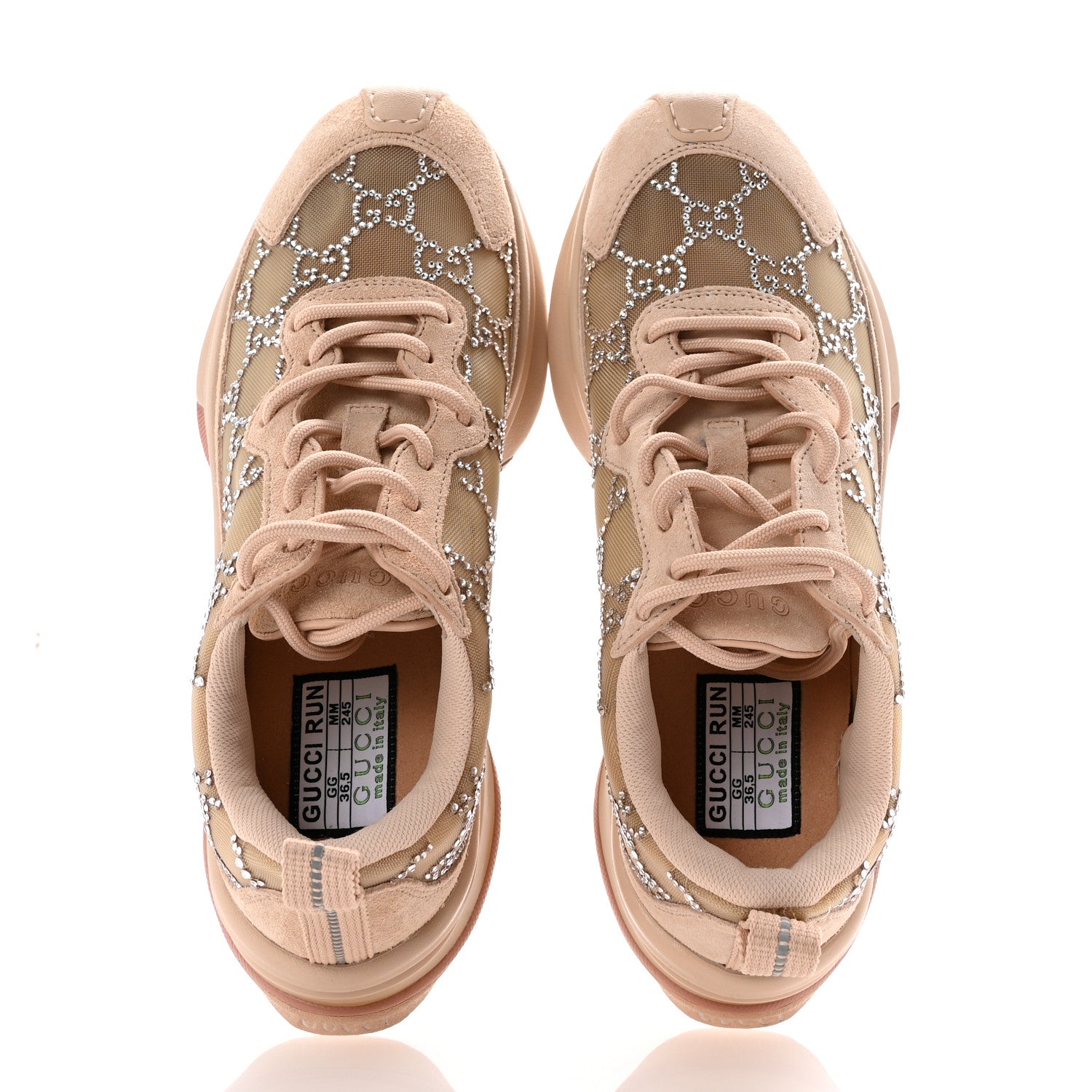Gucci Tela Retino Mesh Crystal Suede GG Monogram Womens Gucci Run Sneakers 36.5 Light Powder Skin Rose Silver 2 of 11