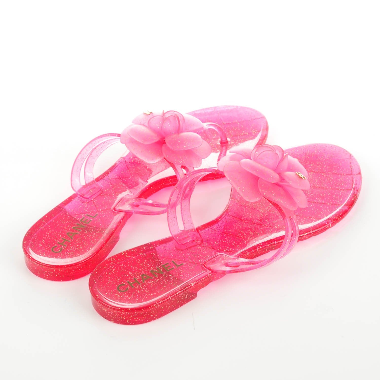 CHANEL グリッター フラワーサンダル ピンク 35 Chanel Jelly Camellia Glitter Thong Sandals 38 Pink 150053