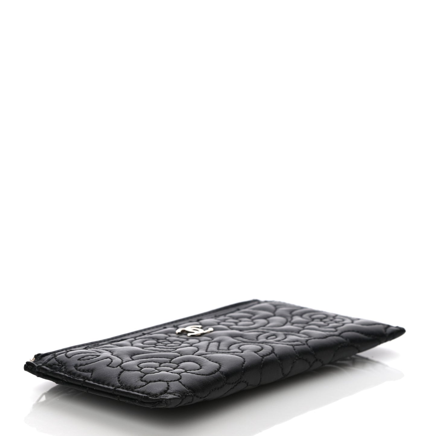 Lambskin Camellia Embossed Classic Zip Pouch Black