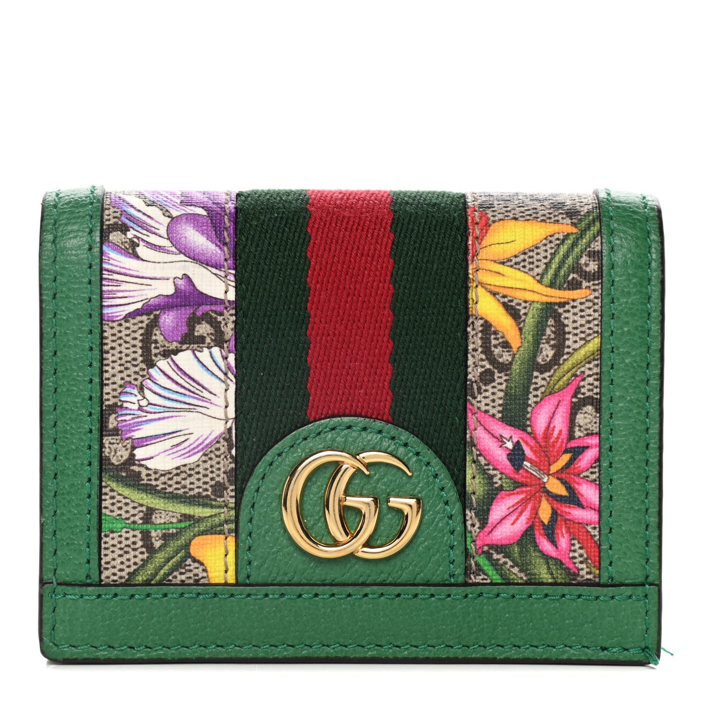 GG Supreme Monogram Flora Web Ophidia Card Case Green