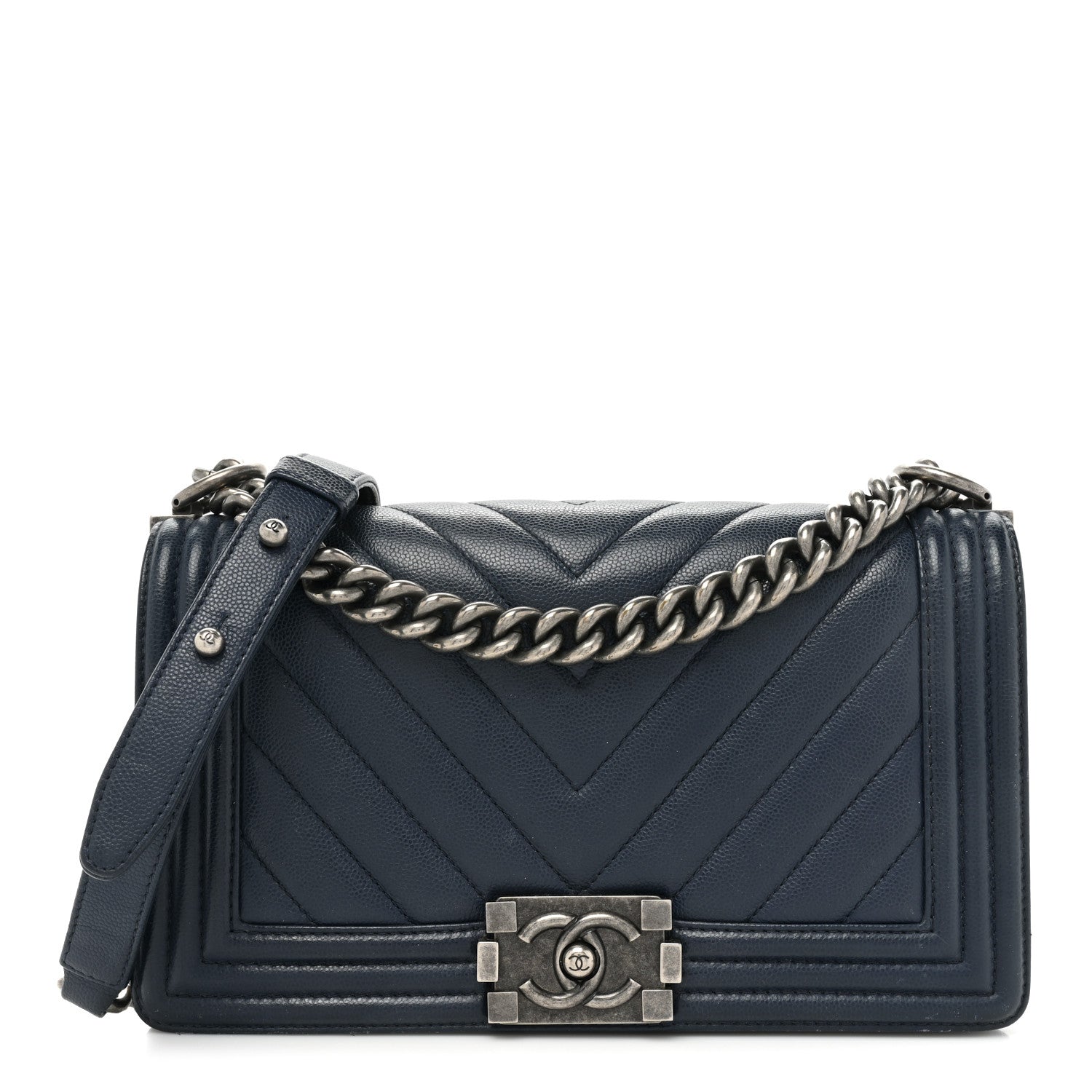 Chanel Caviar Chevron Quilted Medium Boy Flap Navy 1 of 19